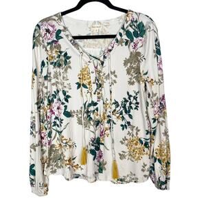 Hem & Thread Small S Cream Green Floral Lace Up Long Sleeve Blouse Top VNeck